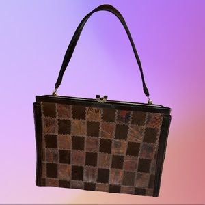 Vintage Small Coret Patchwork Front Brown Purse With Top Handle & Clasp Closure